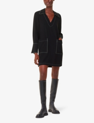 WHISTLES: Contrast-Stitch Oversized-Collar Woven Mini Dress