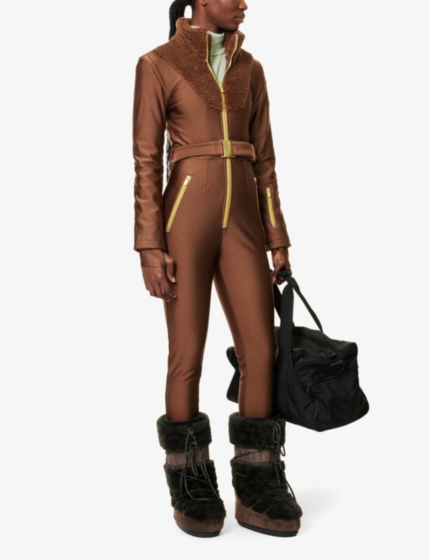 Funnel-neck faux-sherpa panel stretch-woven jumpsuit
