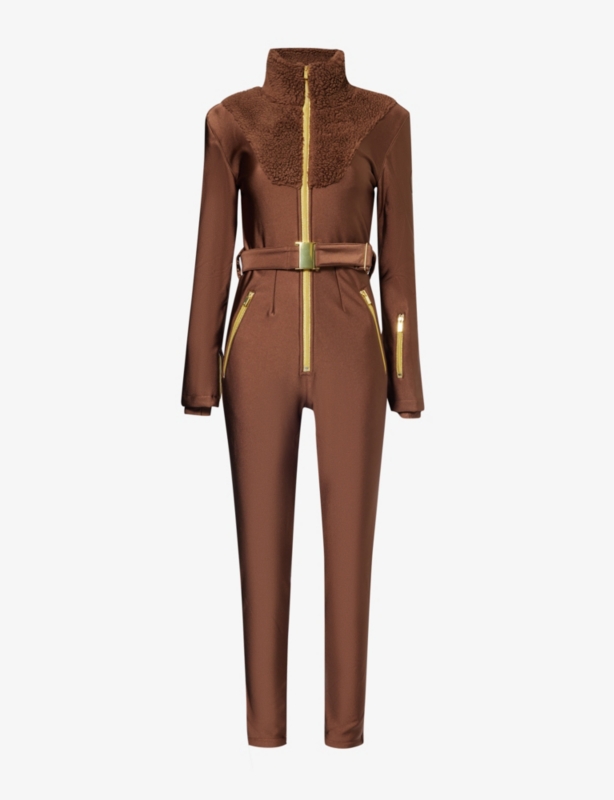 Funnel-neck faux-sherpa panel stretch-woven jumpsuit
