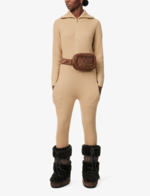My Sunday Ski Womens  Ribbed High-neck Straight-leg Wool And Cashmere-blend Jumpsuit In Salted Caramel