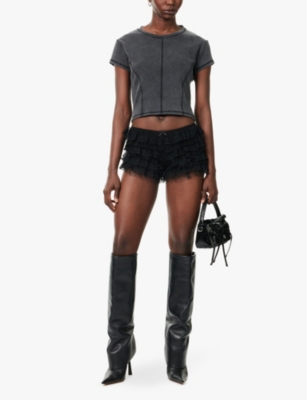 Jaded London Womens Black Rhea Ruffle-frill Lace Bloomer Shorts In Black