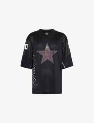 Womens Jaded London Team Spirit Football rhinestone-star-print woven T-shirt