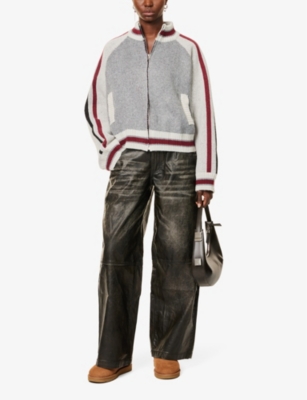 JADED LONDON WOMENS TEAM 85 RELAXED-FIT KNITTED BOMBER JACKET GREY 
