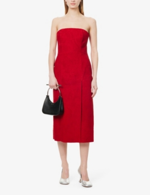 MCQUEEN: Brushed-Suede Strapless Leather Midi Dress