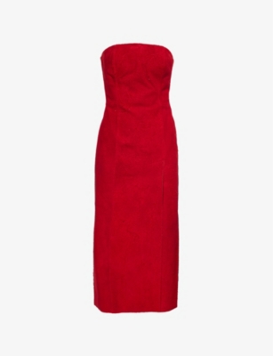 MCQUEEN: Brushed-Suede Strapless Leather Midi Dress