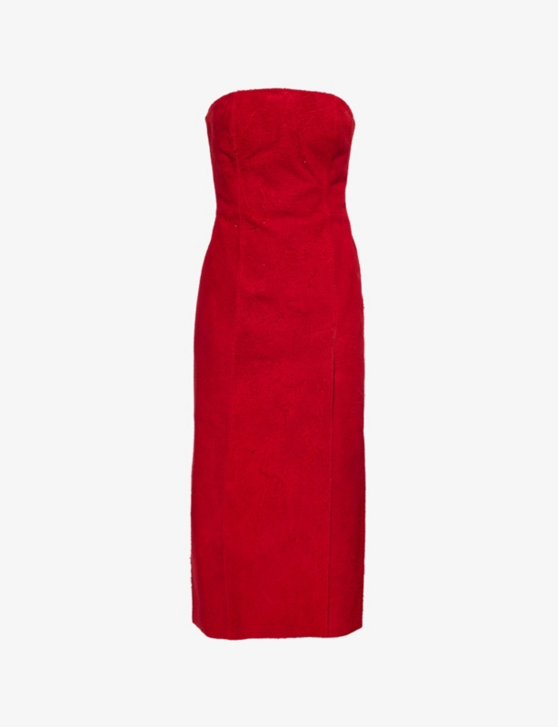 Brushed-Suede Strapless Leather Midi Dress