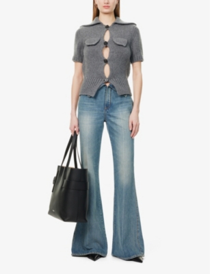 Alexander Mcqueen Womens  Flared Asymmetric-waistband Straight-leg Mid-rise Denim Jeans In Indigo Stonewashed