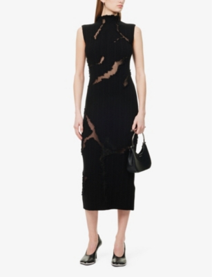 MCQUEEN: Distressed Sleeveless Wool and Silk-Blend Midi Dress
