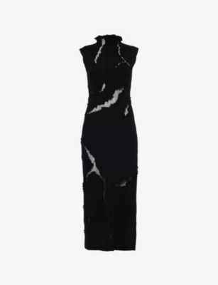 MCQUEEN: Distressed Sleeveless Wool and Silk-Blend Midi Dress