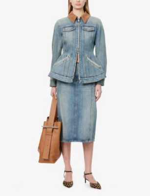 MCQUEEN: Asymmetric-Waistband Two-Patch-Pockets Denim Midi Skirt