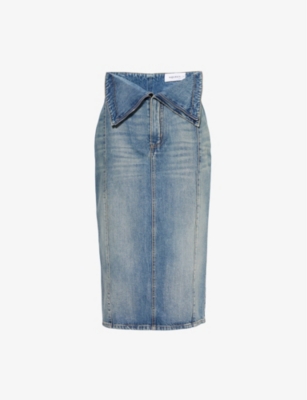 MCQUEEN: Asymmetric-Waistband Two-Patch-Pockets Denim Midi Skirt