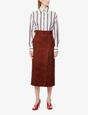 Alexander Mcqueen Womens Striped Curved-hem Silk Shirt Ivory Navy Burgundy In Ivory Navy Burgundy