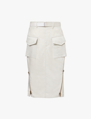 SACAI: Patch-pocket zip-side twill midi skirt