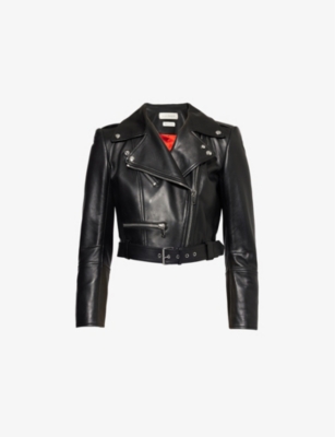 ALEXANDER MCQUEEN: Cropped Biker-Collar Slim-Fit Leather Jacket