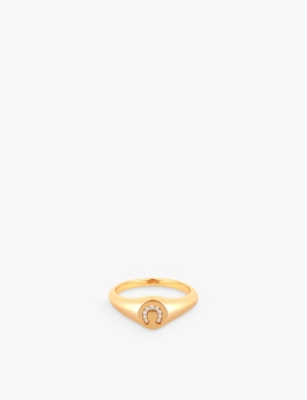 ASTRID & MIYU: Horseshoe 18ct yellow gold-plated recycled sterling-silver and cubic zirconia signet ring