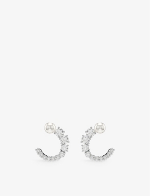 Swarovski Womens White Matrix Circle Rhodium-plated, Crystal-pearl And Zirconia Hoop Earrings