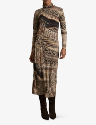 Reiss Womens  Naomi Snake-print Stretch-jersey Midi Dre In Brown