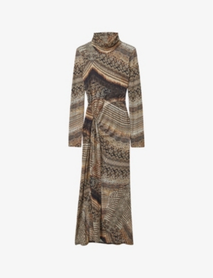 Reiss Womens  Naomi Snake-print Stretch-jersey Midi Dre In Brown
