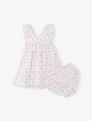 THE LITTLE WHITE COMPANY: Floral Block-Print Cotton Dress and Bloomers Set 0-18 Months