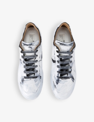 Shop Maison Margiela White/blk Replica Full-paint Leather Low-top Trainers