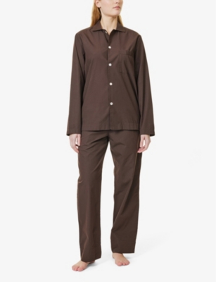Tekla Womens Striped Drawstring-waistband Straight-leg Mid-rise Organic-cotton Pyjama Trousers Coffee In Coffee