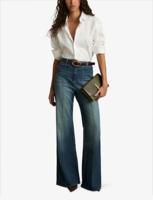 Reiss Womens Mid Blue Sakura Flared-leg High-rise Cotton-blend Jeans In Mid Blue