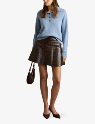 Reiss Womens Ava Open-neck Long-sleeve Wool And Cashmere-blend Jumper Blue In Blue