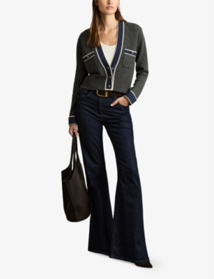 Reiss Womens Charcoal Eloise V-neck Contrast-trim Wool And Cashmere-blend Cardigan In Charcoal