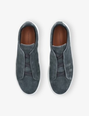 Ermenegildo Zegna Mens  Tripe-stitch Suede Low-top Trainers In Denim