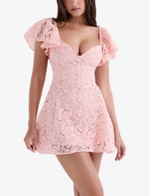 HOUSE OF CB: Verity sweetheart-neck lace-embroidered woven mini dress