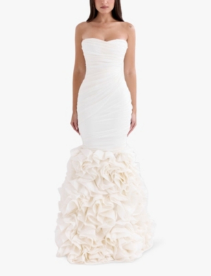 HOUSE OF CB: Gabrielle ruffle-hem strapless woven bridal gown