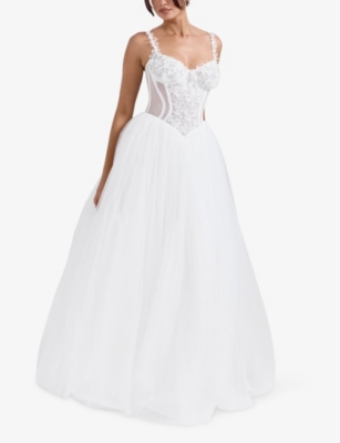 HOUSE OF CB: Nathalie lace-embroidered full-skirt woven bridal gown