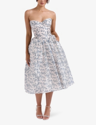 HOUSE OF CB: Bennett graphic-print strapless cotton-blend midi dress