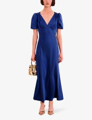 Omnes Womens Navy Rosie Puff-sleeve Recycled-polyester Satin Maxi Dress In Navy