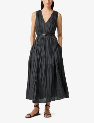 The White Company S Crinkle V-neck Linen-blend Midi Dress Eclipse In Blue