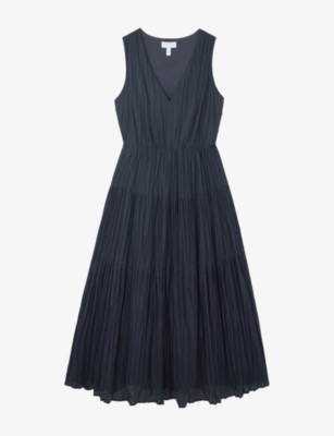 The White Company S Crinkle V-neck Linen-blend Midi Dress Eclipse In Blue