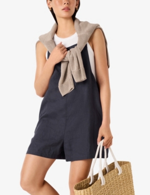 The White Company S Square-neck Short Linen Jumpsuit Ink In Blue