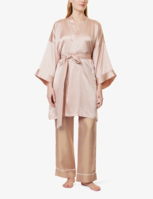 OLIVIA VON HALLE WOMENS OYSTER IVORY CORE MIMI CONTRAST-PIPING SILK KIMONO ROB 