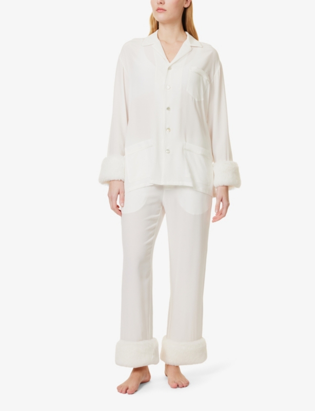 Fifi faux-fur-trim silk crepe pyjamas
