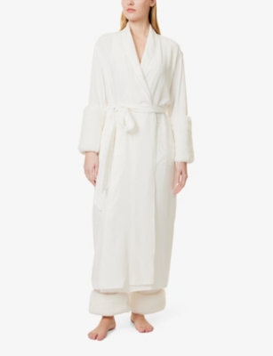 OLIVIA VON HALLE WOMENS SNOW CAPABILITY FAUX-FUR-CUFFS SILK ROBE XS 