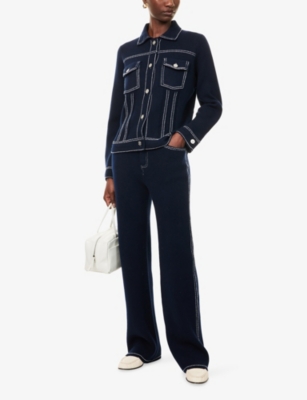 Barrie Womens Contrast-stitching Knitted Straight-leg Mid-rise Cashmere And Cotton-blend Trousers Navy In Blue