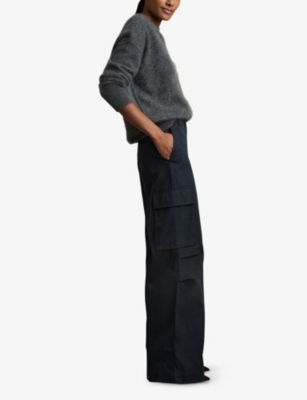 Reiss Womens Ava Patch-pocket Wide-leg Mid-rise Cotton-blend Trousers Navy In Navy