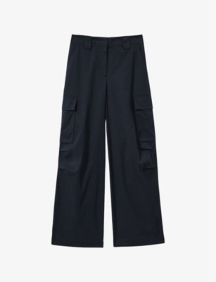 Reiss Womens Ava Patch-pocket Wide-leg Mid-rise Cotton-blend Trousers Navy In Navy