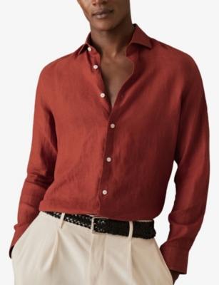 Reiss Mens Paprika Red Ruban Classic Collar Linen Shirt