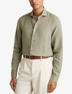 Reiss Mens Thyme Green Ruban Classic Collar Linen Shirt In Thyme Green