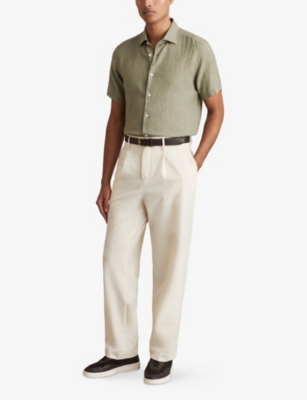 Reiss Mens Thyme Green Holiday Short-sleeved Linen Shirt In Green