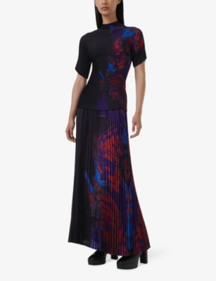 LEEM: Graphic-print high-neck plisse woven top