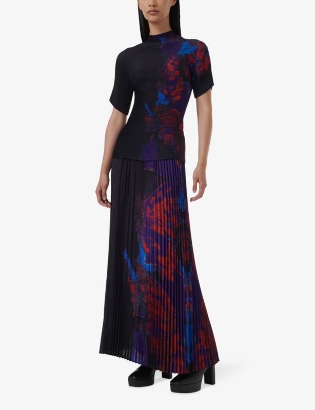 Graphic-print high-neck plisse woven top