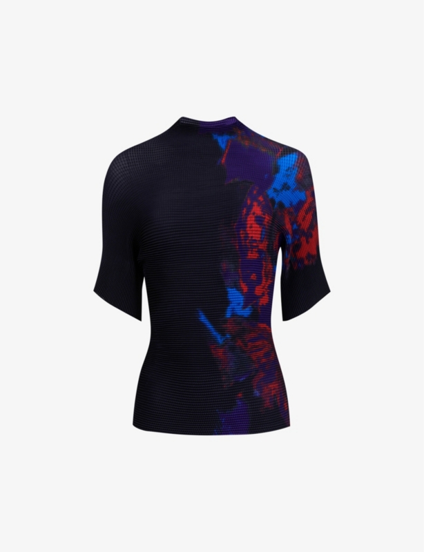 Graphic-print high-neck plisse woven top