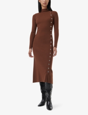 LEEM WOMENS NEUTRALS HIGH-NECK SNAP-EMBELLISHED KNITTED MIDI DRESS 